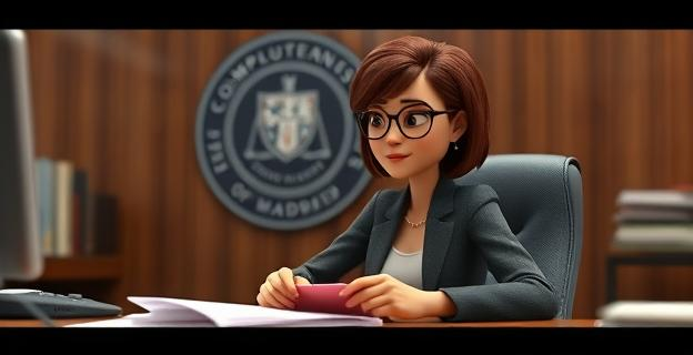 Una mujer sentada en un despacho con documentos y un teléfono, con una expresión de concentración. Al fondo, un logotipo de la Universidad Complutense de Madrid.