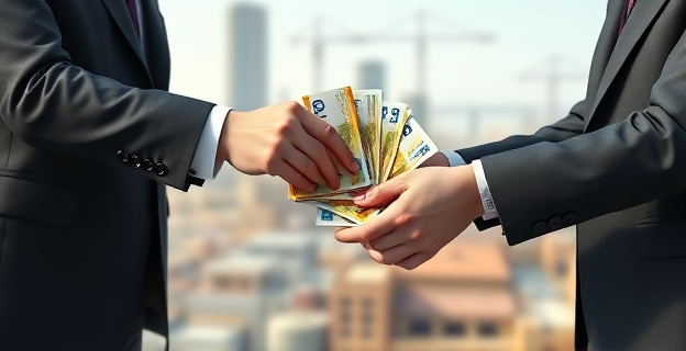 Una imagen conceptual que represente un maletín lleno de billetes de euro siendo entregado por un diplomático español a un funcionario egipcio en un ambiente de cooperación internacional. Al fondo, una imagen borrosa de un paisaje urbano con infraestructuras en construcción, simbolizando los proyectos financiados.