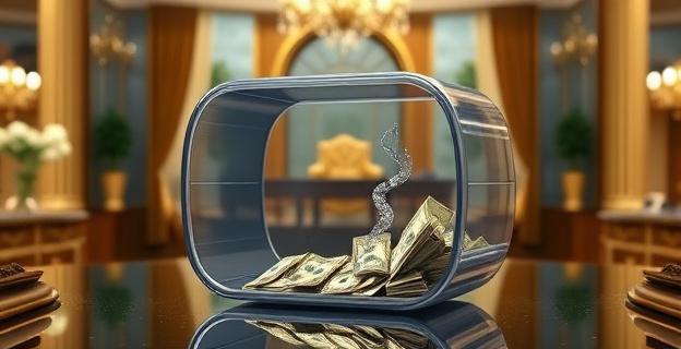 Una imagen que represente la contradicción entre una cuenta bancaria casi vacía y un flujo de ingresos elevados, con un fondo que sugiera opulencia y poder, como un despacho lujoso o un entorno de alta política.