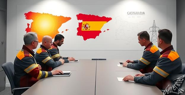 Imagen de una reunión entre autoridades y técnicos de la red eléctrica con mapas de Cataluña y España al fondo.