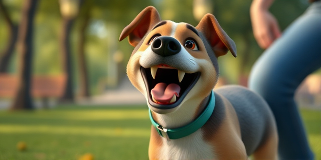 Un perro sonriendo y enseñando los dientes mientras juega con su dueño en un parque