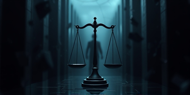 Una composición abstracta en tonos oscuros y fríos, que evoque un laberinto de sombras y espejos rotos. En el centro, una balanza de la justicia ligeramente inclinada, con una figura humana difuminada intentando equilibrarla. El ambiente debe ser opresivo y sugerir secretos ocultos.