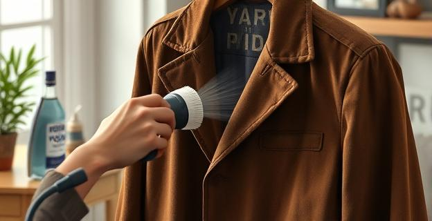 Imagen de una chaqueta de ante siendo limpiada con un cepillo y tratada con champú en seco, con una plancha de vapor al fondo y un frasco de vodka y spray impermeabilizante en una mesa auxiliar