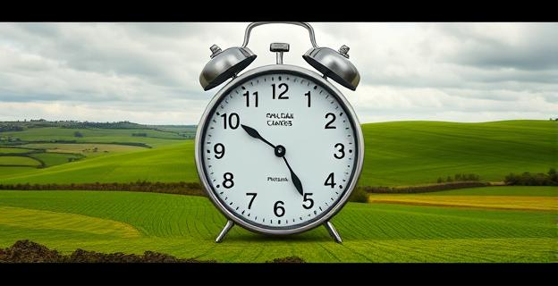 Imagen de un reloj en el paisaje gallego con fondo de campos verdes y cielo nublado, mostrando la diferencia horaria con Portugal.