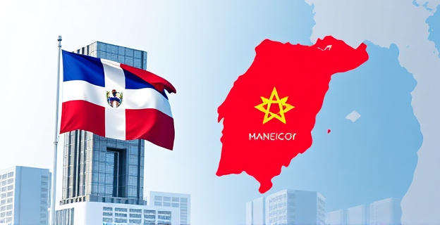 Una escena que muestra un rascacielos moderno en Santo Domingo con la bandera dominicana ondeando, y al fondo un mapa de Marruecos con una marca en Tánger, simbolizando la expansión empresarial y las inversiones en ambos países.