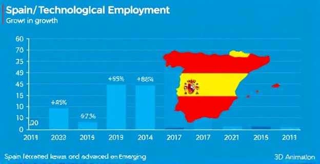 Gráfico mostrando el crecimiento del empleo tecnológico en España en comparación con otras economías avanzadas y emergentes, con indicadores de porcentaje y tendencias.