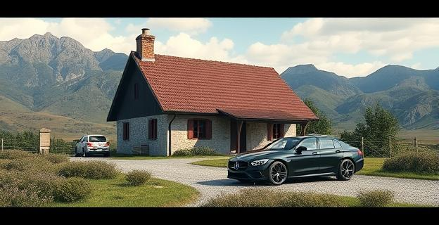 Imagen de un caserío vasco rodeado de montañas y vegetación, con un coche oficial aparcado en las proximidades, simbolizando una reunión secreta en un entorno aislado