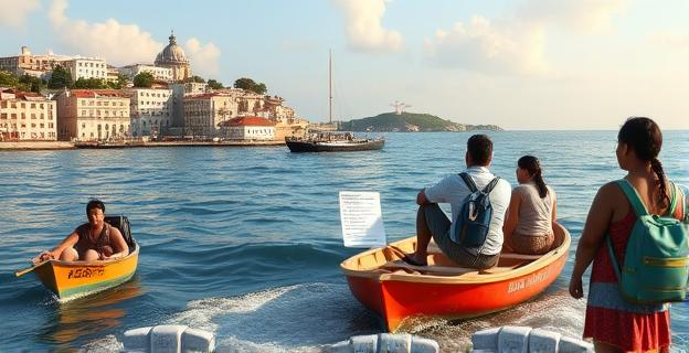 Costa española con inmigrantes recibiendo información de un folleto en diferentes idiomas