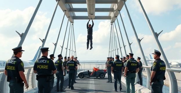 Un puente en un aeropuerto con una figura colgando, rodeado de policías y sanitarios que intentan reanimarla. El puente está en una zona de mucha actividad y hay aviones al fondo.