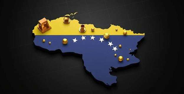 Imagen de un mapa de Venezuela con símbolos de petróleo y oro en un fondo oscuro, representando la riqueza y los recursos naturales del país.