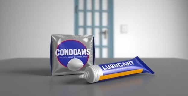 Una imagen conceptual que represente un paquete de preservativos y un tubo de lubricante sobre un fondo gris, con un sutil reflejo de una puerta de cárcel al fondo.