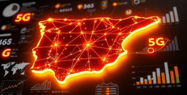 Una representación visual de un mapa de España con redes de fibra óptica y conexiones 5G iluminadas, rodeado de iconos de telecomunicaciones y gráficos de crecimiento económico.