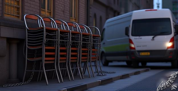 Imagen de sillas de terraza apiladas con cadenas rotas junto a una furgoneta en una calle oscura