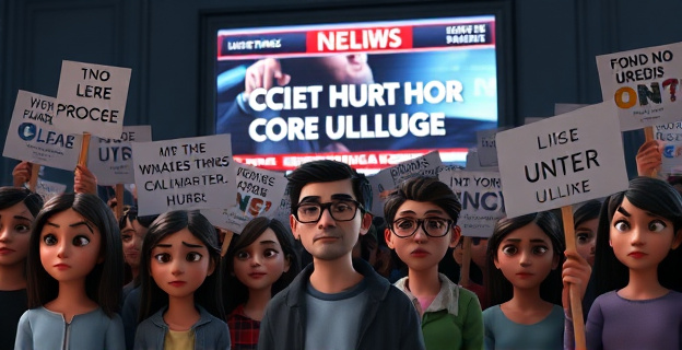 Una multitud de personas de diferentes edades y géneros, con expresiones de dolor y rabia, sosteniendo pancartas con mensajes de protesta contra un medio de comunicación. Al fondo, una pantalla gigante muestra un titular de noticias con un lenguaje hiriente. La escena está iluminada con tonos oscuros y fríos, reflejando la indignación y el estupor.