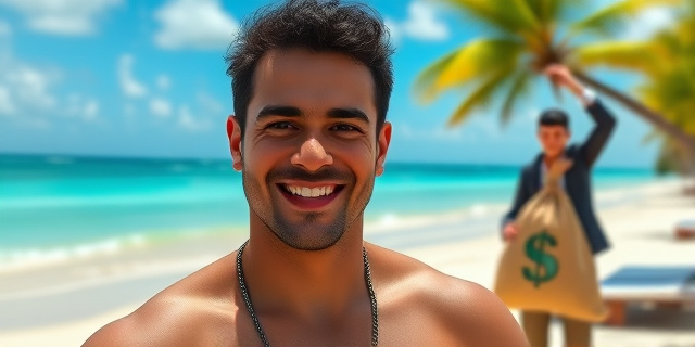 Una imagen de una playa de República Dominicana con un hombre sonriente en el centro, mientras que en el fondo se ve una figura de un hombre con una bolsa de dinero en la mano, simbolizando la estafa