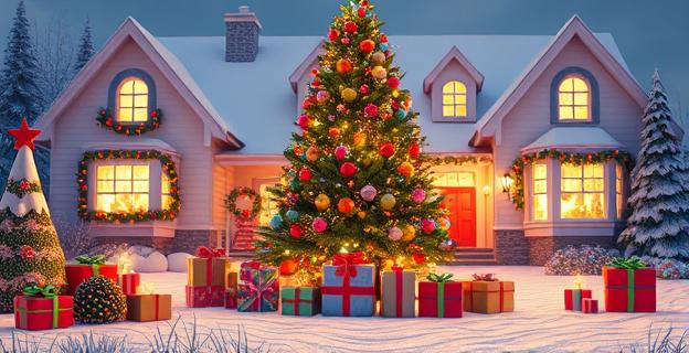 Una escena navideña con regalos y decoraciones alrededor de una casa iluminada. Un gran árbol de Navidad en el centro con luces brillantes y adornos coloridos. Regalos envueltos en papel brillante debajo del árbol.