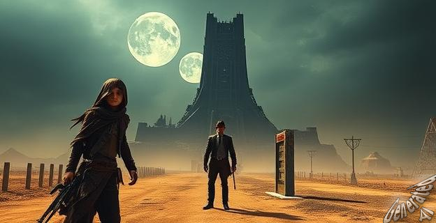 Una imagen postapocalíptica con una torre oscura al fondo, un joven con habilidades psíquicas y un pistolero solitario en primer plano.