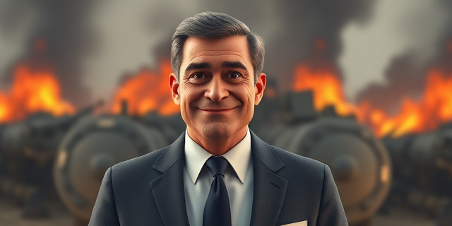 Un hombre con traje y corbata, con una sonrisa hipócrita, mientras detrás de él hay un fondo de guerra y destrucción
