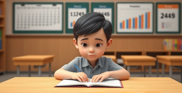 Una representación visual de un niño estudiando en una clase, con calendarios y gráficos de fondo mostrando diferentes meses y estadísticas de inteligencia. La imagen debe transmitir la idea de desarrollo cognitivo y edad relativa.