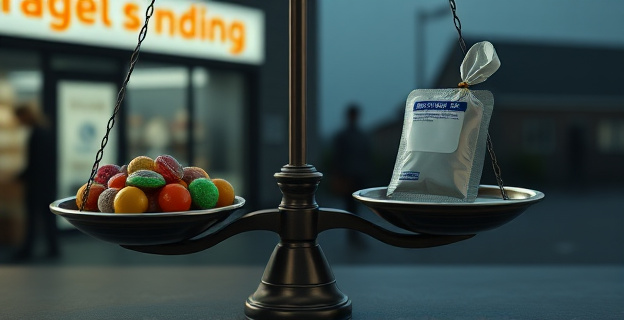 Una imagen que representa una balanza desequilibrada, con golosinas y caramelos en un platillo y un pequeño envoltorio de droga en el otro, que lo inclina drásticamente. Al fondo, un letrero borroso que sugiere una tienda, y siluetas de edificios que podrían ser escuelas. Tonalidades oscuras que evocan peligro.