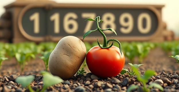 Imagen de una papa y un tomate creciendo juntos en un campo, con un fondo que muestra un reloj geológico indicando nueve millones de años