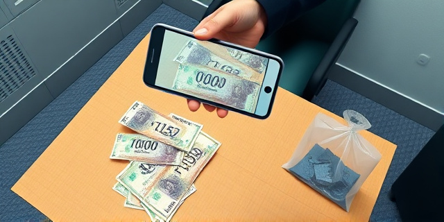 Una imagen satírica de una mesa de cartón con billetes de dinero deformes y surrealistas que tienen números incoherentes, junto a una bolsa de plástico pequeña. Sobre la mesa, una mano sostiene un smartphone que muestra una versión 