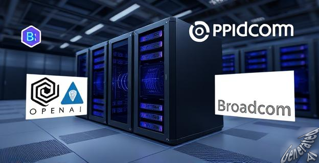 Ilustración de un centro de datos con servidores equipados con chips de inteligencia artificial, rodeados de logos de OpenAI y Broadcom.