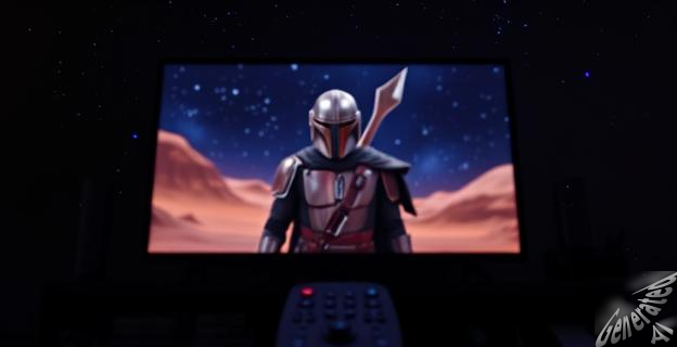 Una imagen de una pantalla de televisión mostrando un episodio de The Mandalorian con un fondo de estrellas y un mando de control en primer plano.