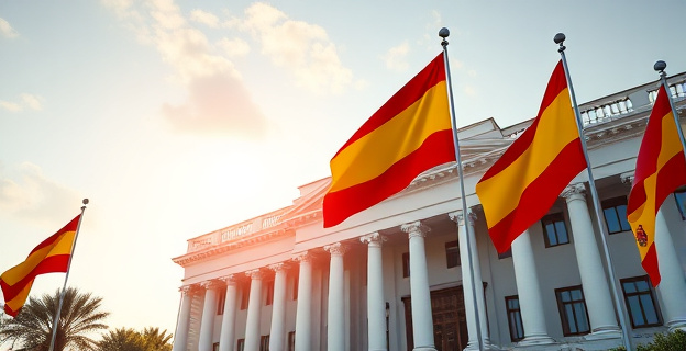 Imagen de un edificio institucional con banderas de España y de un partido político en primer plano, con un ambiente de tensión y controversia en el aire.