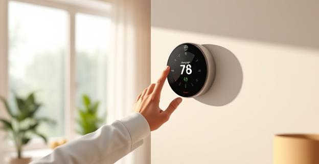 Imagen de una vivienda moderna con termostato inteligente en la pared, con una persona ajustando la temperatura en un ambiente acogedor y luminoso