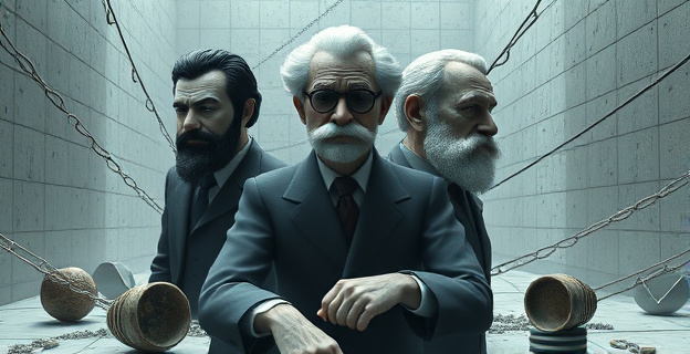 Representación conceptual de tres pensadores -Marx, Freud y Nietzsche- en un entorno abstracto que simboliza la 