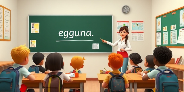 Un aula con niños de origen marroquí, con carteles de euskera en las paredes, una pizarra con la palabra ‘eguna’ y un profesor que señala una hoja de trabajo. El ambiente es cotidiano, con mochilas y lápices, sin rostros identificables.