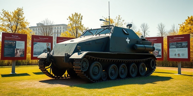 Un tanque blindado semioruga en el Campo del Moro, rodeado de paneles expositivos que narran la historia de 