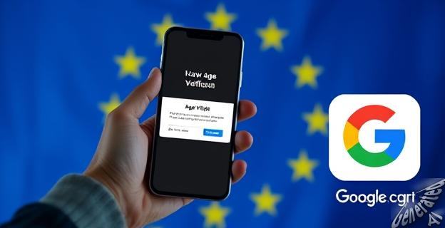 Una imagen de una persona sosteniendo un teléfono móvil con una pantalla de verificación de edad, con un fondo de la bandera de la Unión Europea y un logo de Google en un rincón.