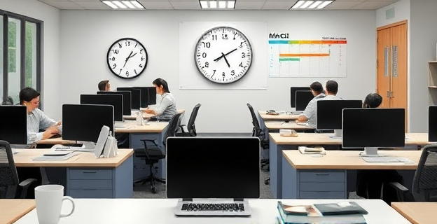 Una escena de una oficina con empleados trabajando en sus escritorios, con relojes en las paredes marcando las 17:00, simbolizando el fin de la jornada laboral de 35 horas. Al fondo, un calendario en la pared muestra el mes de marzo.