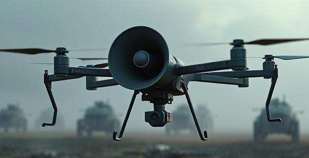 Imagen de un dron con altavoz en un campo de batalla con niebla y lluvia, simulando sonidos de vehículos militares