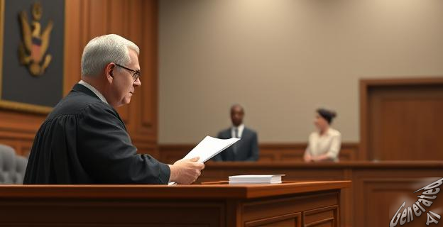 Un juez en una sala de audiencias con documentos y una pareja en el fondo