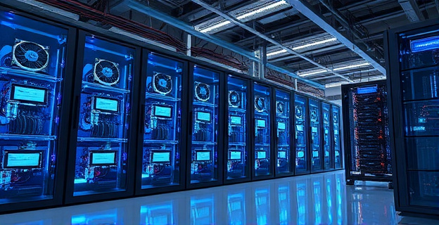 Servidores de IA con tecnología de refrigeración líquida y componentes de computación de alto rendimiento en un centro de datos moderno