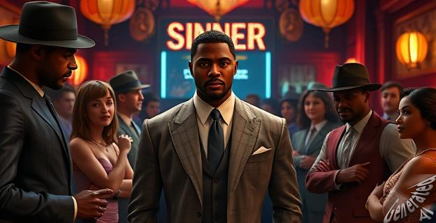 Una imagen de la película Sinners con Michael B. Jordan en el centro, rodeado de personajes de la película, con un fondo de un club nocturno en el Misisipi de los años 30.