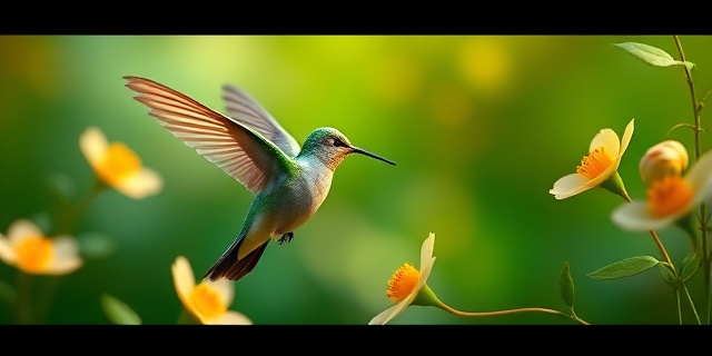 Un colibrí volando sobre un campo de flores con néctar brillando, tonos verdes y dorados, estilo realista con luz tenue, sin texto ni rostros.