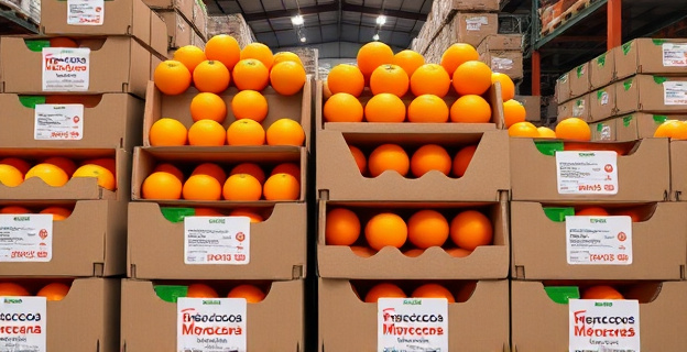Cajas de mandarinas apiladas en un almacén de importaciones con etiquetas de Marruecos