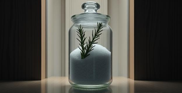 Un frasco de cristal con sal gruesa y ramas de romero en un armario pequeño y poco ventilado