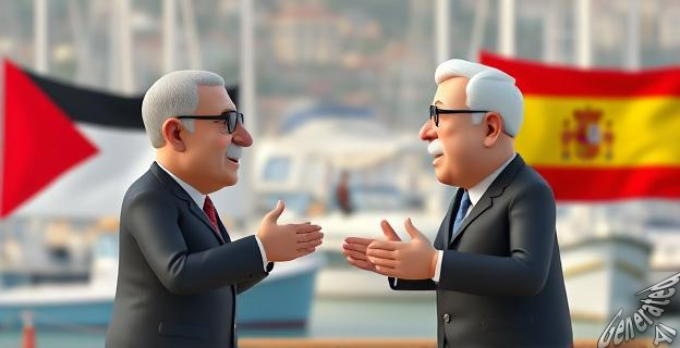 Imagen de un intercambio de mensajes en redes sociales entre dos políticos, con un fondo de barcos y banderas de Palestina y España.