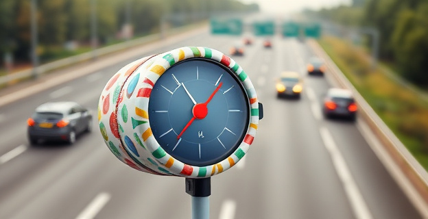 Imagen conceptual de un radar de tráfico envuelto en papel film de colores brillantes, con un fondo de carretera europea transitada y coches pasando a alta velocidad.