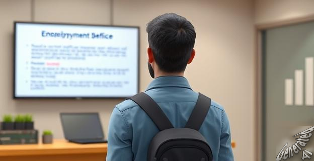 Un trabajador renuncia a su empleo y se dirige a la oficina de empleo para solicitar la prestación por desempleo. Detrás de él, una pantalla muestra información sobre los requisitos para cobrar el paro.