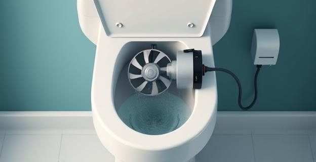 Imagen de un inodoro con una turbina dentro del tanque y una batería conectada, con agua fluyendo y generando electricidad