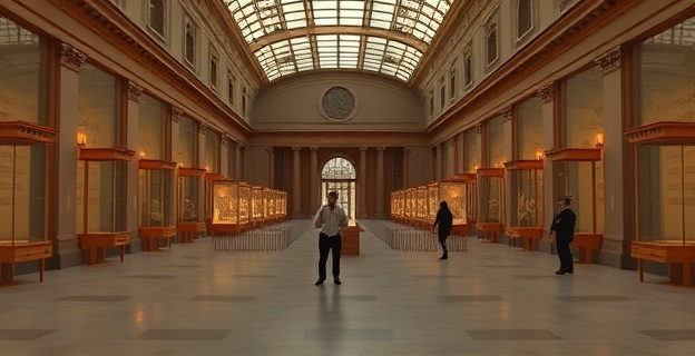 Sala del Museo del Louvre vacía con vitrinas rotas y equipo de seguridad presente
