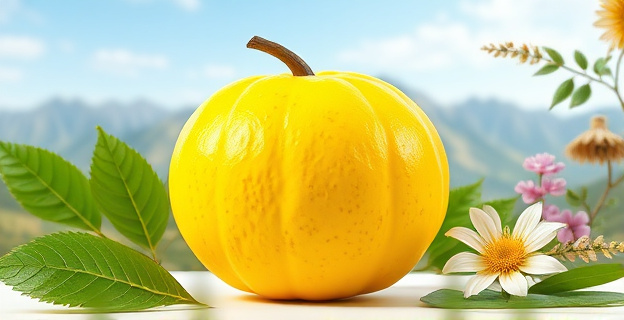 Una imagen conceptual de una fruta amarilla con textura rugosa y pulpa dura, rodeada de elementos que representan salud y bienestar, como hojas verdes y flores. En el fondo, una sutil representación de un paisaje natural con montañas y cielo despejado.