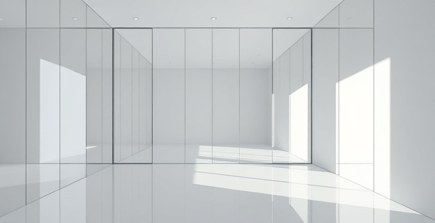 Una habitación minimalista con paredes cubiertas por espejos que reflejan la luz y crean una sensación de amplitud infinita. Un armario completamente integrado en la pared gracias a un espejo que cubre toda su superficie, sin marcos visibles. La luz rebota en el espejo y llena la estancia de claridad.