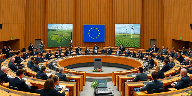 Una sala del Parlamento Europeo con mesas de discusión, un fondo de parques eólicos en una zona protegida de la naturaleza, documentos abiertos sobre una mesa de madera y una pantalla que muestra gráficos de energía. No se incluye texto ni rostros reconocibles, solo sombras y luces que sugieren debate y controversia.